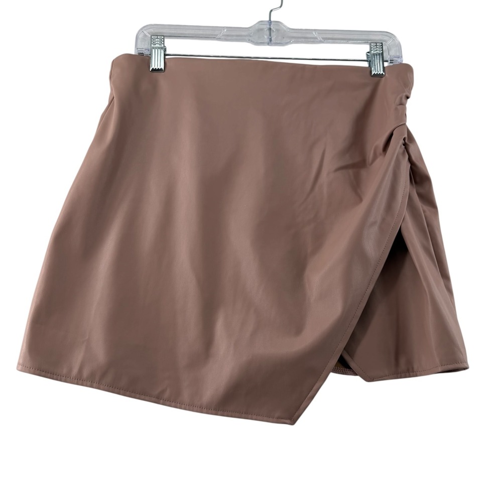 Hyfve PU Faux Leather Wrap Asymmetrical Mini Skirt Womens Large Mocha Taupe